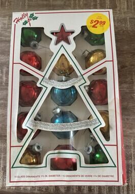 Vintage Holly 15 Glass Roundhanging Round Ball Ornaments In Box Multicolor 1 3/4